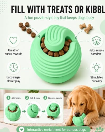 Dog Ball for Aggressive Chewers, Natural Rubber Durable Treat Dispensing Dog Toy Ball with Peanut Butter Grooves, Interactive Dog Food Ball for Medium Large Dogs,Green