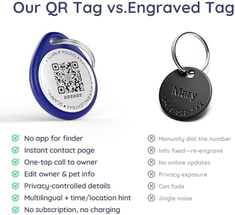 QR Code Dog Tag and Cat Tag, Scan to Reunite Faster, Waterproof and Durable, Lightweight and Quiet, Updatable Contact Info, Black and Blue, 2 Tags in 1 Pack