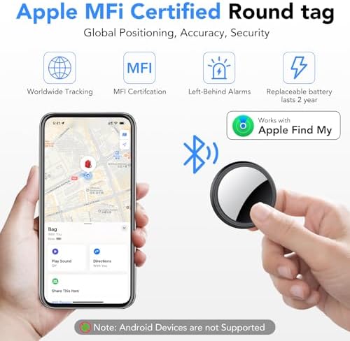 Air Tracker Tags-4 Pack, 2026 New [Apple MFi Certified], Bluetooth Tracker Work with Apple Find My (iOS Only), Replaceable Battery Last 2 Years, IP68 Waterproof Item Finder for Luggage/Key/Suitcase