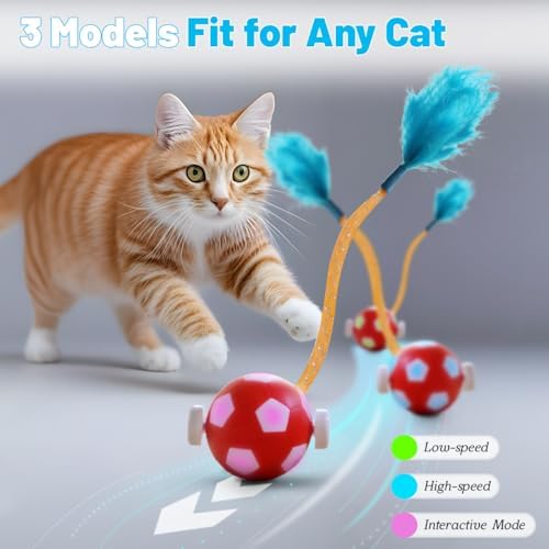 Interactive Cat Toys with Feather Snappy Tail for Bored Indoor Adults Cats, Safe Rolling Toys Ball with 3 Models, Automatic Cats Toy for Any Floor, Electric Moving Cat Enrichment Toy