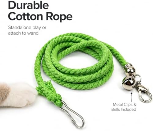 Cat Wand Toy Set, Retractable Stainless Steel Wand with 3 Interchangeable Attachments, Feather, Insect, Cotton Rope