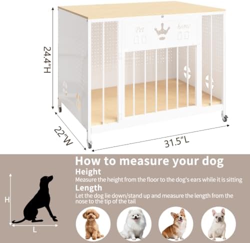 31.5" Iron Pegboard Dog Crate Furniture with Solid Wooden Top & RGB Lights