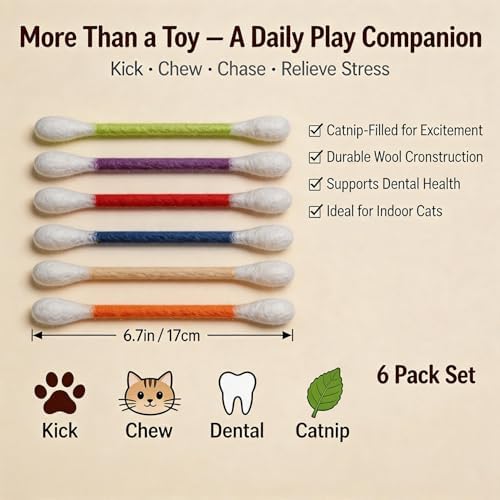 6Pack Cotton Swabs Cat Toys with Catnip, Giant Qtip Chew Sticks & Teething Ropes for Boredom Relief, Durable Interactive Felt Kitty Kicker Toy for Exercise.