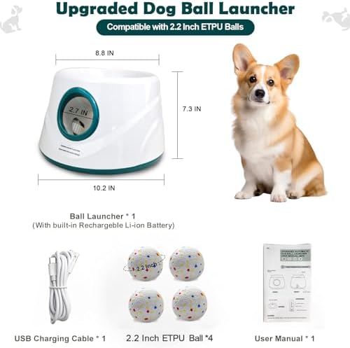 MEKAPLE Automatic Dog Ball Launcher, Upgraded Interactive Dogs Balls Thrower for Small and Medium Dogs, Distance Adjustable Mental Stimulating Dog Toys with 4 Durable Etpu Balls 2.2 Inch (Dark Green)