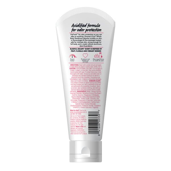 Summer’s Eve Ultimate Odor Protection Whole Body Deodorant Cream, Blissful Escape, Aluminum Free, All Day Odor Control, Invisible Cream, 3 Ounce (Pack of 4)