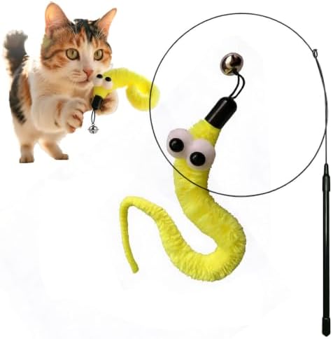 Cat Wand Toy with Fuzzy Worm Lure, Bell, and Flexible Wire