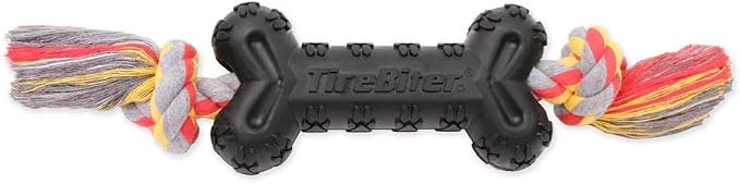 Mammoth Pet Products TireBiterII e with Cotton-Poly Rope – Natural Rubber Dog Toys for Extreme Chewers – Dog Toys for Extra Long Interactive Play – Aggressive Chewer Toys for Dogs - Large 16”, Black (31023F)