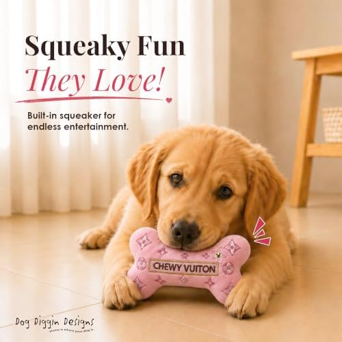 Dog Diggin Designs Chewy Vuiton Pink Blossom Plush Dog Toy Bone | Luxury-Inspired Parody Designer Bone with Squeaker, Soft Plush Chew & Play Dog Toy – Prêt-à-Porter Play!