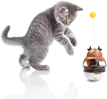 Cat Treat Puzzle Toy, Auto-Balancing Pet Food Dispenser - Brain Stimulating - Slow Feeder - Boredom Relief Kitten Toys, Interactive Training, Toy for Indoor Bored Cats (Brown, Cow)