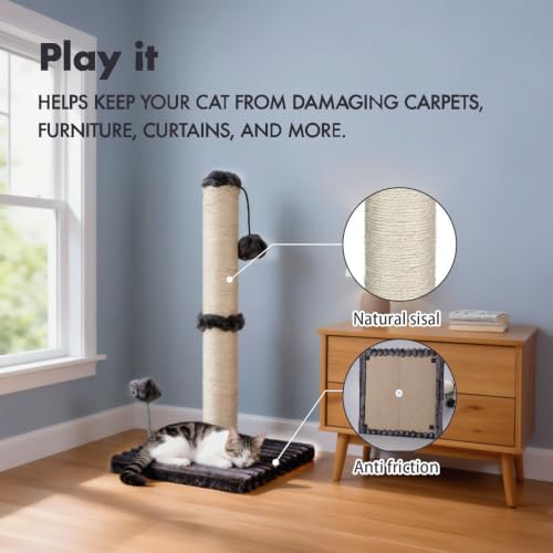 MECOOL Cat Scratching Post Premium Basics Kitten Scratcher Sisal Scratch Posts with Hanging Ball 22in for Kittens or Smaller Cats (22 inches for Kitten,Charcoal Gray)