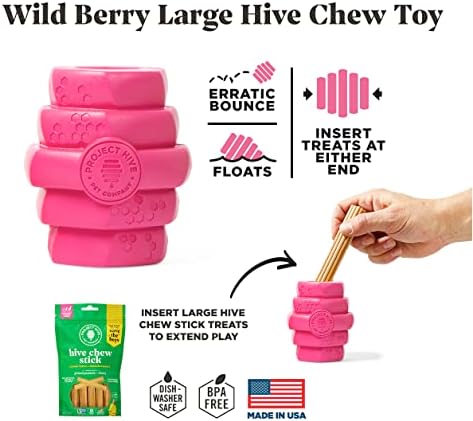 Hive Chew Toy for M/L Dogs – Pink/Wild Berry Scent – Chew, Fetch, & Treat-Dispensing Enrichment Toy, Floats, Made in USA, Pairs with Hive Chew Sticks for M/L Dogs for Longer-Lasting Play