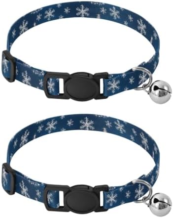 2 Pack Dog Collar Christmas Holiday Snowflakes Blue Kitten Bell Collar, Adjustable 10.6 to 17.1 Inches