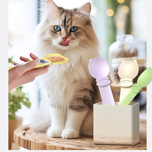 Cat Strip Feeder Spoon - Squeeze & Lickable Treat Dispenser for Wet Food, Multi-Purpose Pet Food Can Accessory (Assorted Colors) (Beige+Pink+Yellow)