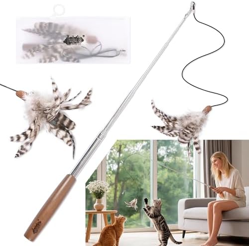 Lulu's World Retractable Cat Wand Toy 8.3"-46" Telescopic Feather Teaser