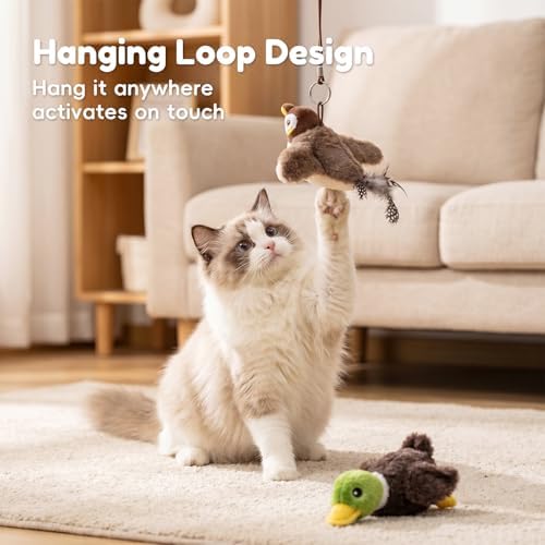 2 Pack Interactive Flapping Bird & Green Duck Cat Toy, Motion Activated Chirping Cat Toy with Catnip, 3 Modes USB Rechargeable Washable Simulation Flying Bird Toys for Indoor Cats