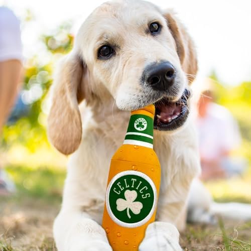 NBA Boston Celtics Beer Bottle Plush Dog & CAT Squeak Toy - Cutest Stadium SODA Bottle Snack Plush Toy for Dogs & Cats with Inner Squeaker & Beautiful Basketball Team Name/Logo