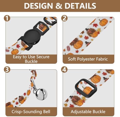 Cartoon Turkeys Hats Pumpkins Comfortable Cat Collar, 2 Pack Kitten Collar with Bell