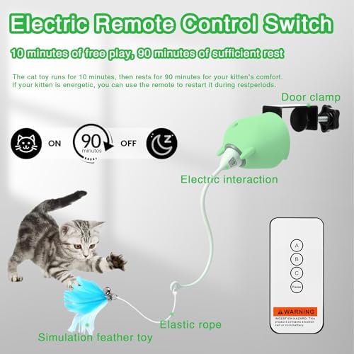 Cat Toys Interactive for Indoor Cats, Rechargeable Toy Hanging Door Electric with 4pcs Feathers Toys for Bored Kittens (Green)