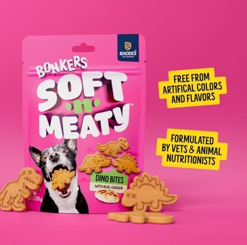 Bonkers Soft & Meaty Chicken Flavor Biscuit Dinosaur Shaped Treats for Dogs 5.6 oz (Pack of 2) with Bone Waste Bag Dispenser & Free Roll