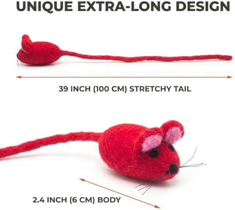 Glaciart One Felt Mouse Cat Toy – Soft Fuzzy Enrichment 100% Natural Wool - Interactive Catnip Play Cat Toy Set - Safe for Pets, Non-AZO Colored Dyes - 42” Long