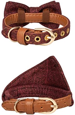 Small Dog Collar Set, 2Pcs Puppy Cat Collar with Bow Tie & Bandana, Durable PU Leather Canvas Tiny Pet Scarf for Small Breed Pets red Classic