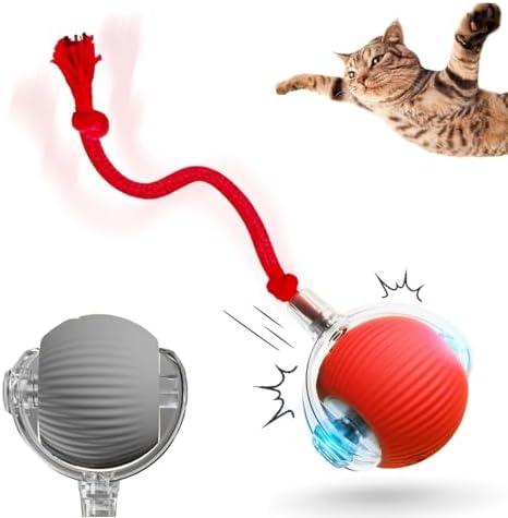 Interactive Rotating Cat Ball Toy, 360 Smart Rolling Ball Electric, Automatic Moving for Cats & Kittens (Red+Grey)