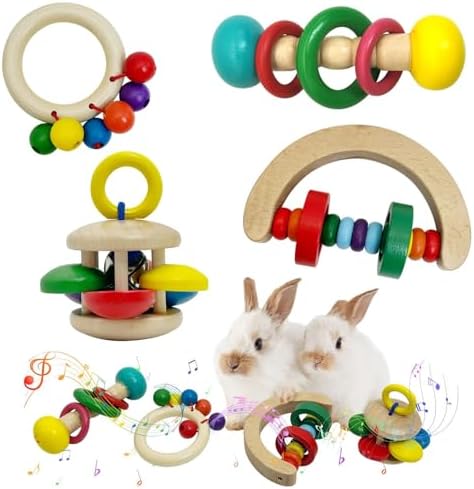 PINVNBY 4 PCS Wooden Bunny Toys Interactive Rabbit Toys Multi-Colored Guinea Pig Teeth Grinding Toy for Chinchillas Hamsters Rats and Small Animals Indoor Outdoor Playing