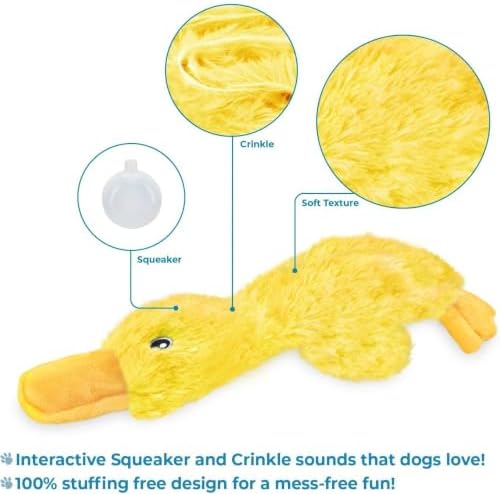 Squeaky Duck Dog Toy, No Stuffing Crinkle Plush Dog Toys for Small Medium Large Dogs, Interactive Durable Chew Toy for Puppies, (Crinkle Duck (Yellow))