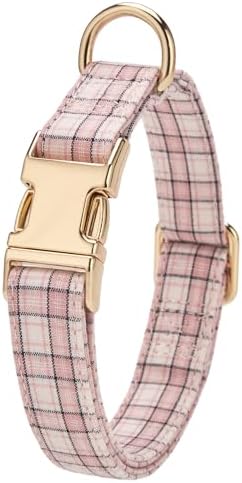 Soft Cotton Dog Collar Classic Plaid Pet Collars with Metal Clasp for Large Dogs with Sensitive Skin, Blush Pastel Tartan
