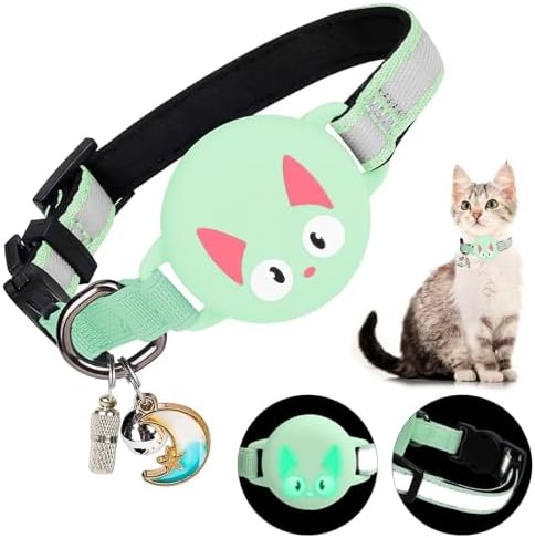 Reflective Breakaway Cat Collar for AirTag (1st & 2nd) Holder - Waterproof Safety Buckle Kitten Collar with Bell, Luminous Lightweight GPS Tracker Case for Apple for Air Tag (Lime Green)