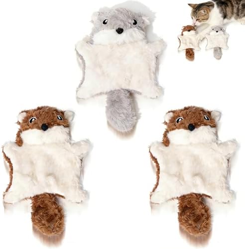 3 Pcs Interactive Flying Squirrel Cat Toy with Catnip, Squeaker & Crinkle Paper - Ultra-Soft Plush Kitten Chew Toy for Indoor Cats, Stimulating Exercise & Boredom Relief Stuffed Animal (2 Colors)