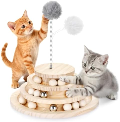 Large Upgraded Cat Track Ball Toy with Bell & Teaser Wand - 3-Layer Tower Roller, Interactive Wooden Cat Toy for Mental & Physical Exercise, Double Fun for Kittens & Adult Cats