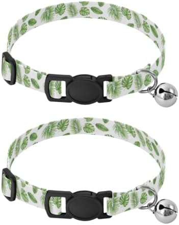 2 Pack Pet Collar Green Tropical Leaf Cat Bell Collar, Adjustable Length 10.6" to 17.1"