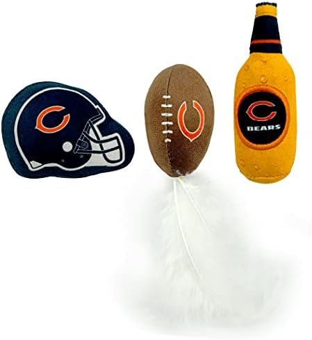 Best Plush CAT Toy - NFL Chicago Bears Complete Set of 3 piece Cat Toys Filled with Fresh Catnip. Includes: 1 Helmet Cat Toy, 1 Football Cat Toy with Feathers & 1 Beer Bottle. Beautiful Team Logos