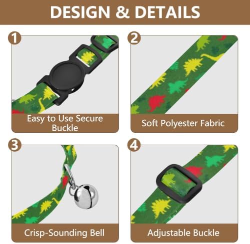 Colorful Dinosaurs Green Decorative Pet Collar with Bell 2 Pack Pet Collars Adjustable Length 10.6" to 17.1"