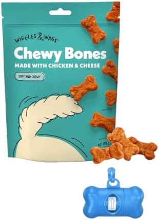 Wiggles & Wags Chewy Bones Dog Treats, Chicken & Cheese Flavor, 6 oz with Bone Shaped Waste Bag Dispenser & Roll