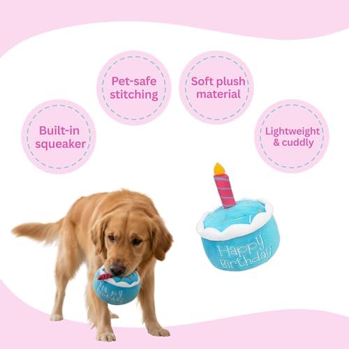 Glow Pups Dog Birthday Cake Plush Toy, Squeaky, Promotes Mental Stimulation & Interactive Play, Easy to Clean, Soft Chewable Squeaky Dog Toys for Any Celebrations, Blue
