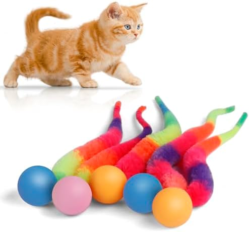 SHENGSEN Bouncy Ball with Tail Cat Toys-5 Packs,Rainbow Small Magic Worm with Ball Toy for Cats,Colorful Fuzzy Worm Bouncy Balls Cat Toy