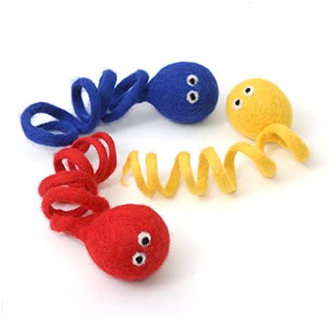 Glaciart One Felt Spring Cat Toy – 3 Pcs Soft Fuzzy Enrichment 100% Natural Wool - Interactive Stretchable Play Set - Safe for Pets, Non-AZO Colored Dyes - 4” Long