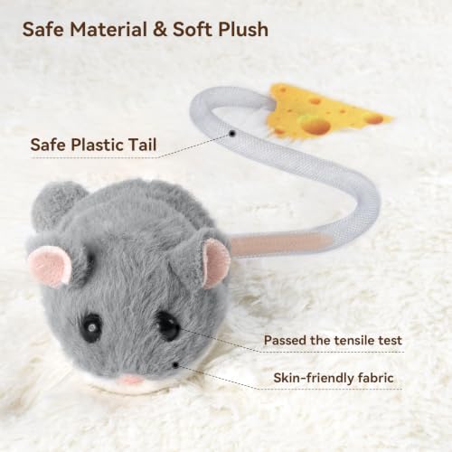Migipaws Interactive MigiMouse Cat Toy 360° Rolling & Spin with Mesh Plastic Tail for Indoor Cats Smart Motion Sensor, Realistic Squeak, Rechargeable Plush Kitten Toy(Grey)
