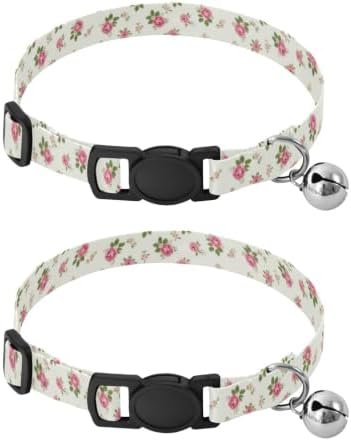 Roses Green Leaf Flowers White Collar with Bell for Dog Puppy 2 Pack Cat Collars Adjustable Length 10.6" to 17.1"