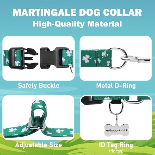 St.Patrick's Day Martingale Collar for Dogs with Buckle Adjustable Shamrock Spring Holiday Dog Collar (Clover, Small)