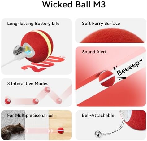 Cheerble Interactive Cat Ball Toy, Wicked Ball M3, Automatic Interactive Cat Toys for Indoor Cats with 3 Modes, Rechargeable Cat Enrichment Toys for Small/Medium/Large Cats to Keep Them Busy