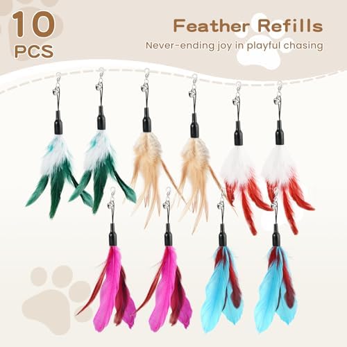 Pawaboo Cat Feather Wand Interactive Toy, 10 Feathers + 1 Wand with Bell