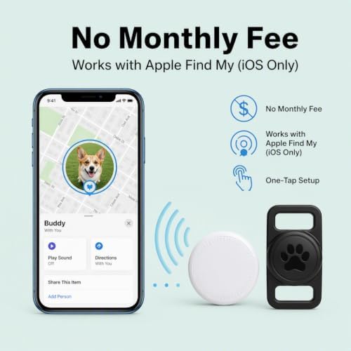 Smart Pet Location Tag with Holder – No Subscription, Compatible with Apple Find My (iOS Only), Lightweight Silicone Case, Clip-On Anti-Loss Accessory for Dog & Cat Collars, Bags (Black&White)