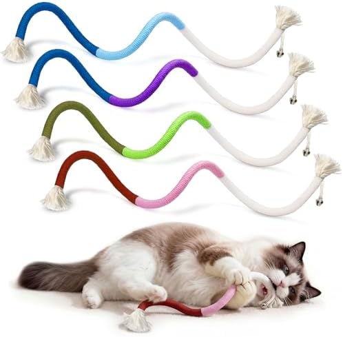 4-Pack Interactive Cat Chew Rope Toys, Teaser Sticks with Jingle Bells