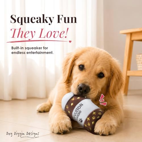 Dog Diggin Designs Chewy Vuiton Espawsso Plush Dog Toy | Luxury-Inspired Parody Coffee Cup with Squeaker, Soft Plush Coffee-Themed Dog Toy – Baristas Needed!