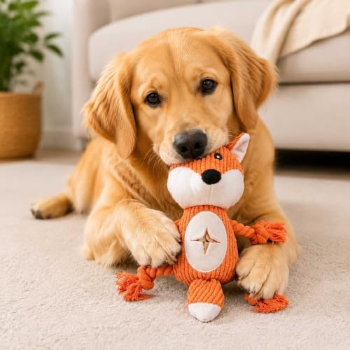 Dog Squeaky Chew Toy, Plush Crinkle Rope Dog Toy - Orange Fox