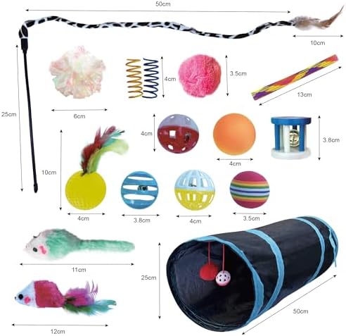 PetLike 25pcs Interactive Cat Toys Set Collapsible Cat Tunnel Interactive Feather Teaser Wand,Spring Toys & Balls for Indoor Cats (Black, 25x55cm)