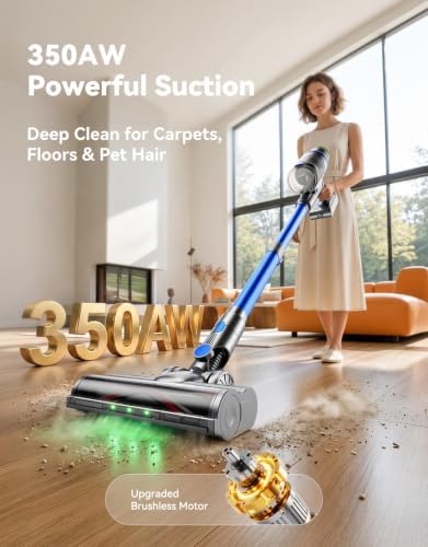 Cordless Vacuum Cleaner, 350AW/70Min Vacuum Cleaners for Home, Stick Vacuum | Auto Mode, Wall Mount Charging, LED Touchscreen, Anti-Tangle Brush, Self-Standing Vacumm Cleaner for Pet Hair/Carpets/Floors